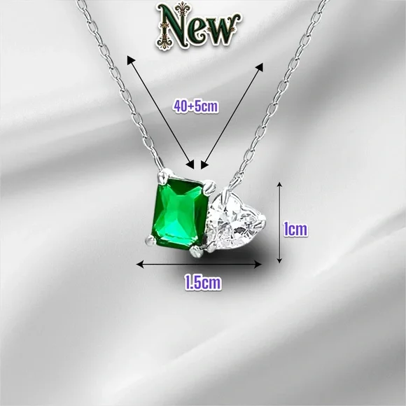New Vintage Silver Emerald Crystal Zircon Charm Heart Pendant Necklace - Picture 4 of 6